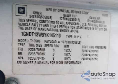 2000 Chevrolet Blazer Lt from USA, damaged, VIN 1GNDT13W9YK145110